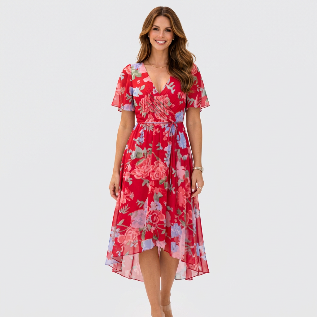 Women’s Floral Wrap Midi Dress Tie Waist – Elegant Occasion Dress