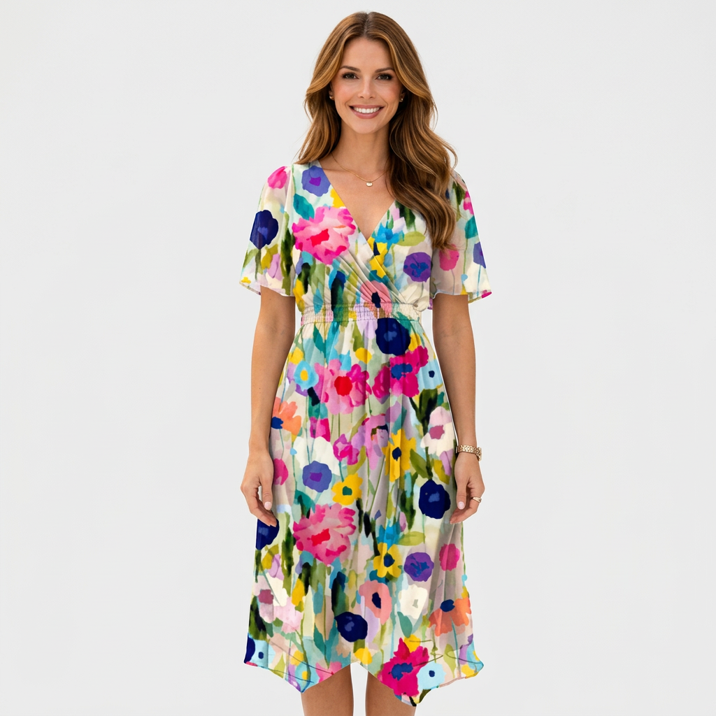 Women’s Floral Wrap Midi Dress Tie Waist – Elegant Occasion Dress