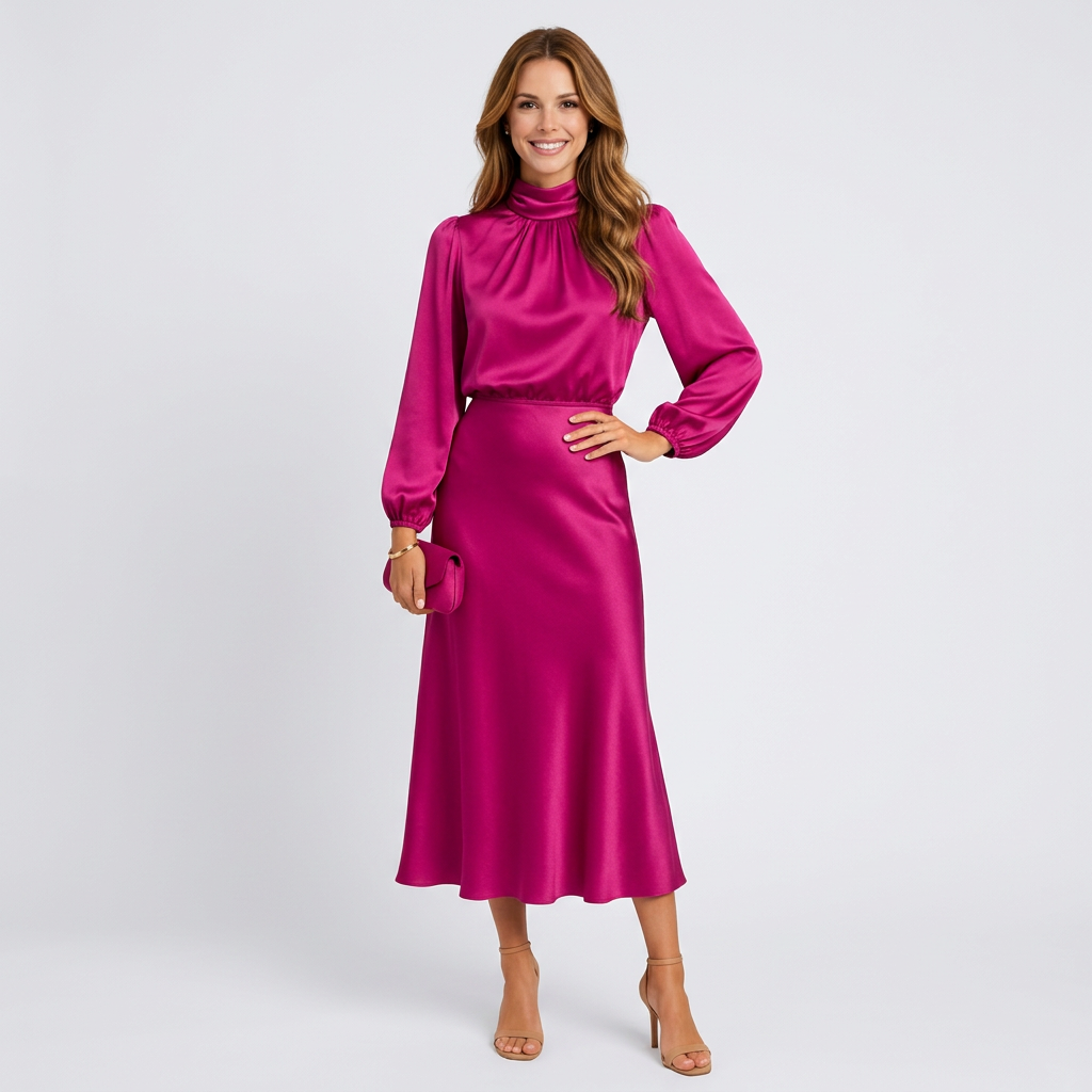 Women’s Satin Midi Dress High Neck – Elegant Occasion Dress
