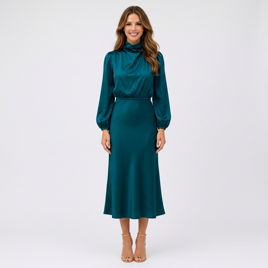 Women’s Satin Midi Dress High Neck – Elegant Occasion Dress