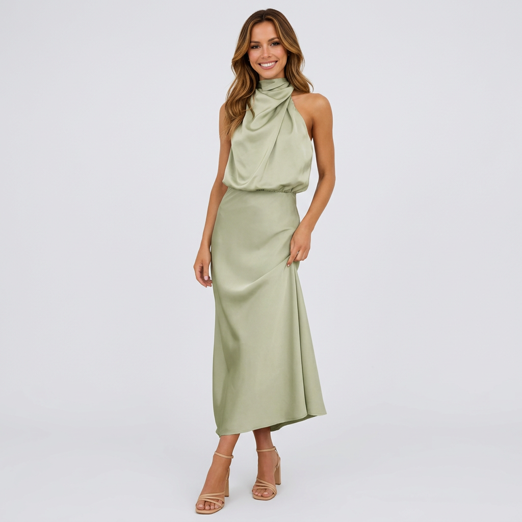 Women’s Satin Halter Midi Dress Draped Neck – Elegant Occasion Dress