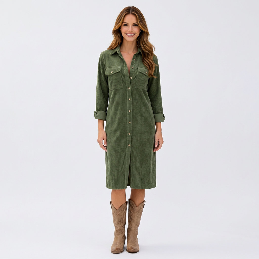 Women’s Cord Shirt Dress Button Front – Casual Everyday Midi Dress
