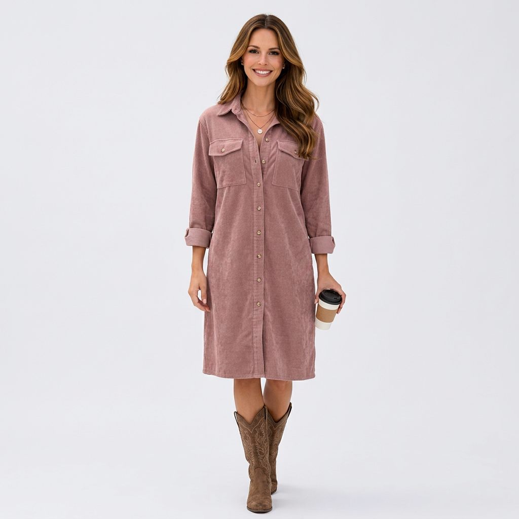 Women’s Cord Shirt Dress Button Front – Casual Everyday Midi Dress