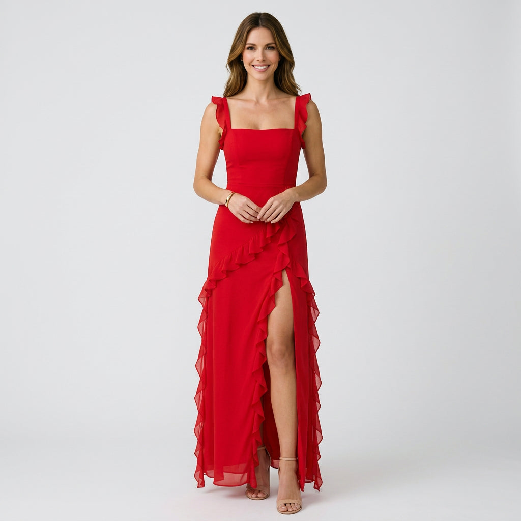 Women’s Ruffle Maxi Dress High Slit – Sleeveless Occasion Dress