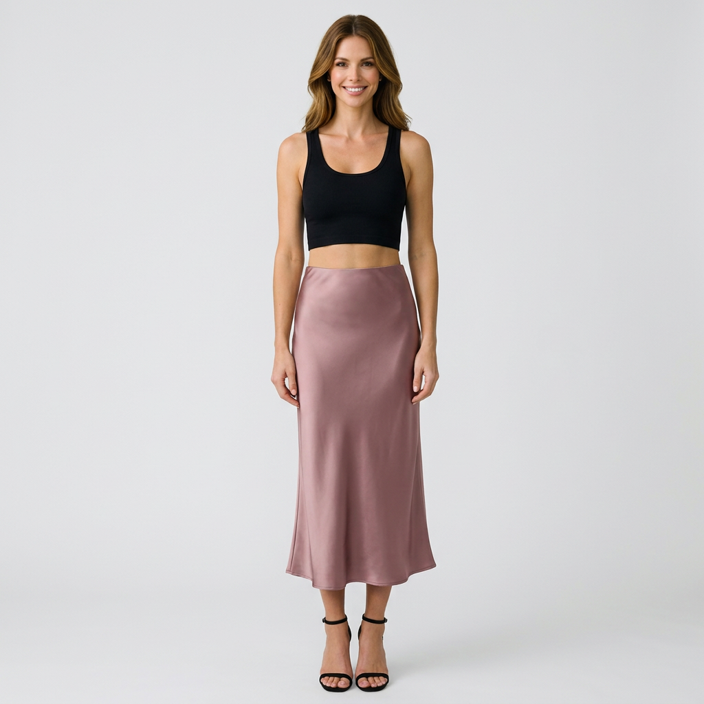 Women’s Satin Midi Skirt High Waist – Elegant Slip Skirt