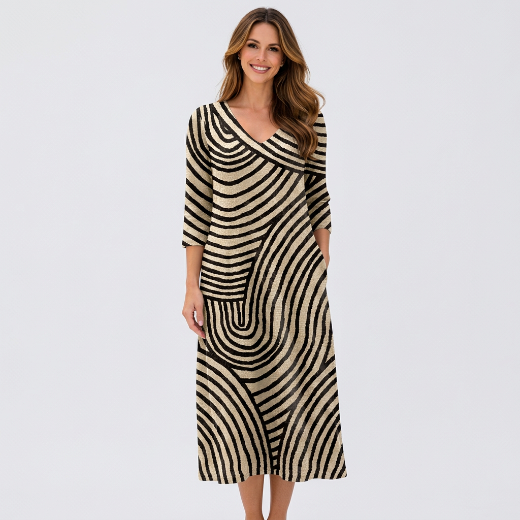 Women’s Printed Midi Dress V Neck – Relaxed Everyday Dress