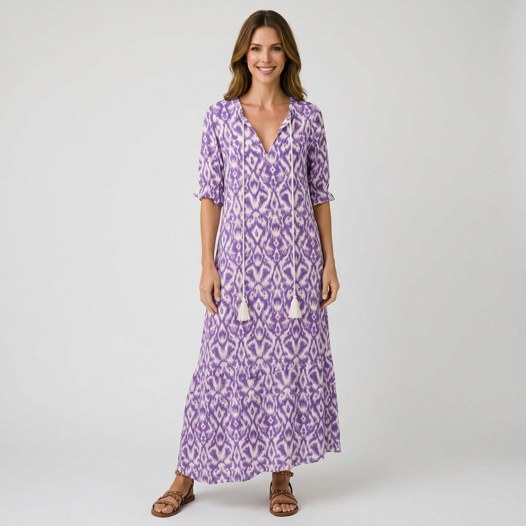Women’s Floral Maxi Dress V Neck – Three Quarter Sleeve Casual Dress