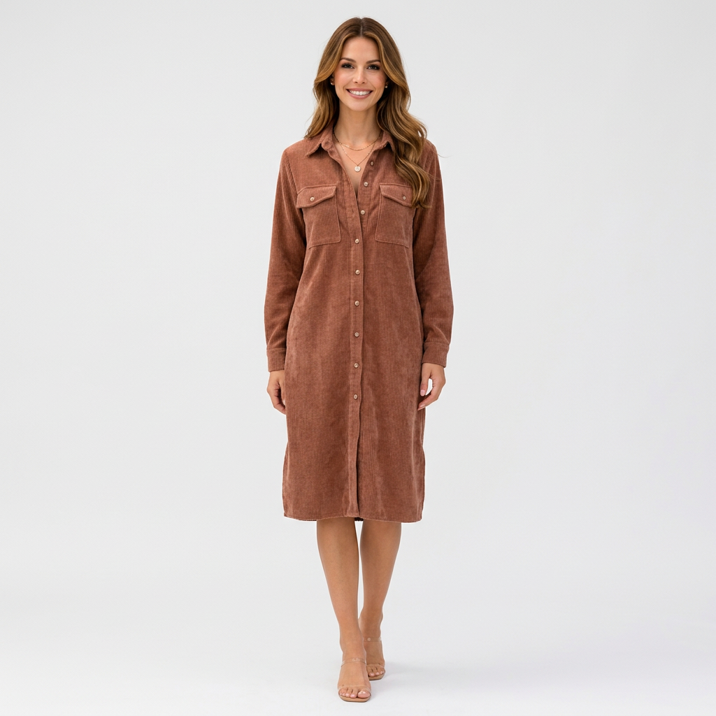 Women’s Cord Shirt Dress Button Front – Casual Everyday Midi Dress