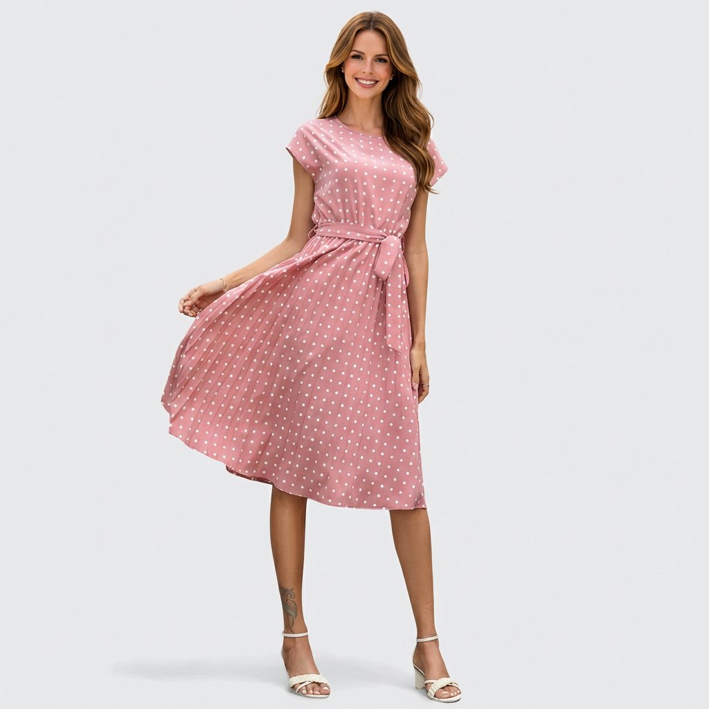 Women’s Polka Dot Midi Dress Tie Waist – Pleated Everyday Dress