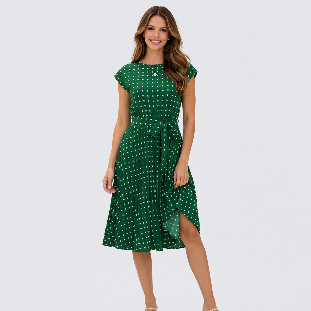 Women’s Polka Dot Midi Dress Tie Waist – Pleated Everyday Dress