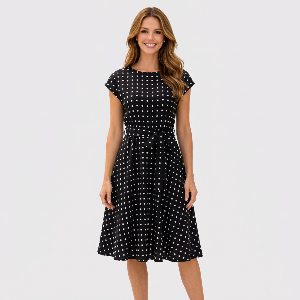 Women’s Polka Dot Midi Dress Tie Waist – Pleated Everyday Dress