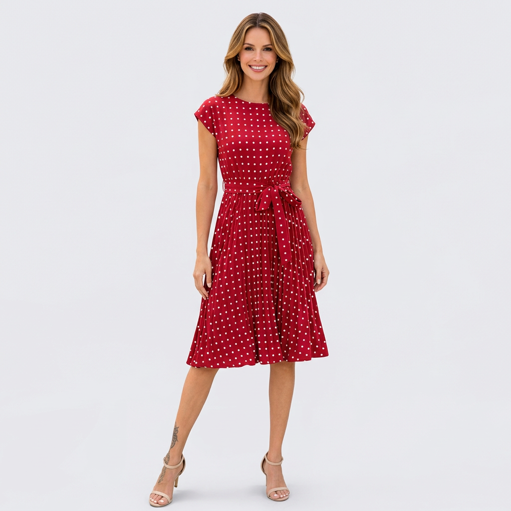 Women’s Polka Dot Midi Dress Tie Waist – Pleated Everyday Dress