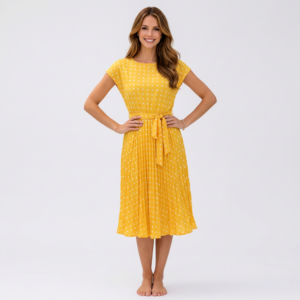 Women’s Polka Dot Midi Dress Tie Waist – Pleated Everyday Dress