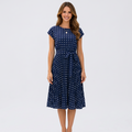 Women’s Polka Dot Midi Dress Tie Waist – Pleated Everyday Dress