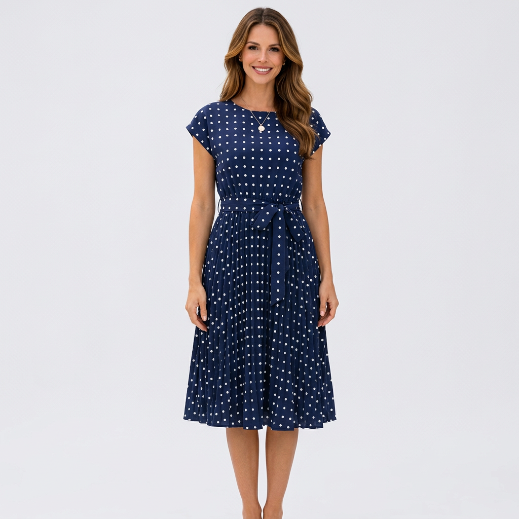 Women’s Polka Dot Midi Dress Tie Waist – Pleated Everyday Dress