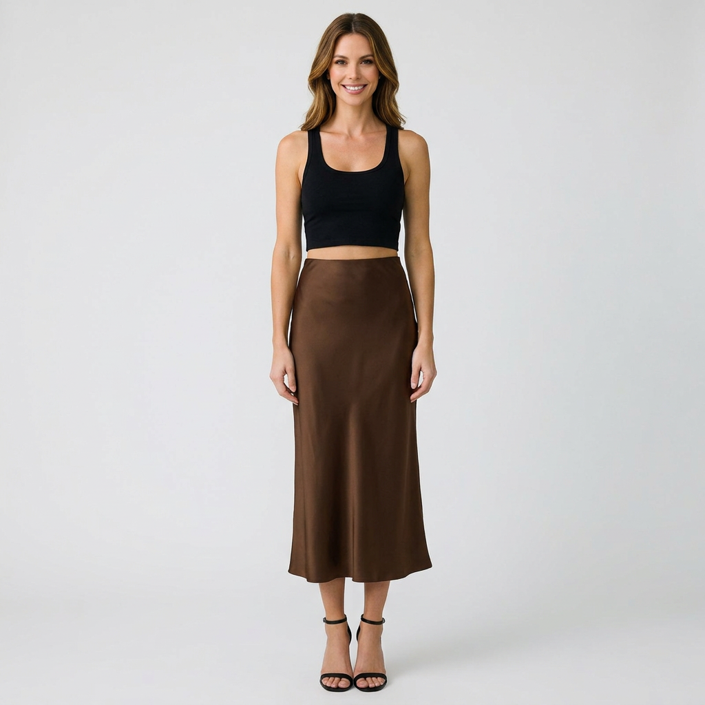 Women’s Satin Midi Skirt High Waist – Elegant Slip Skirt