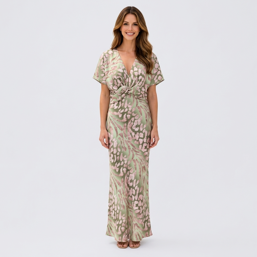 Women’s Printed Maxi Dress Twist Front Detail – Elegant Occasion Dress