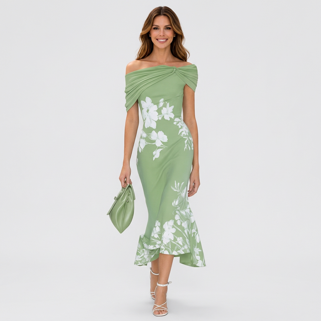 Women’s Off Shoulder Floral Midi Dress – Elegant Occasion Dress