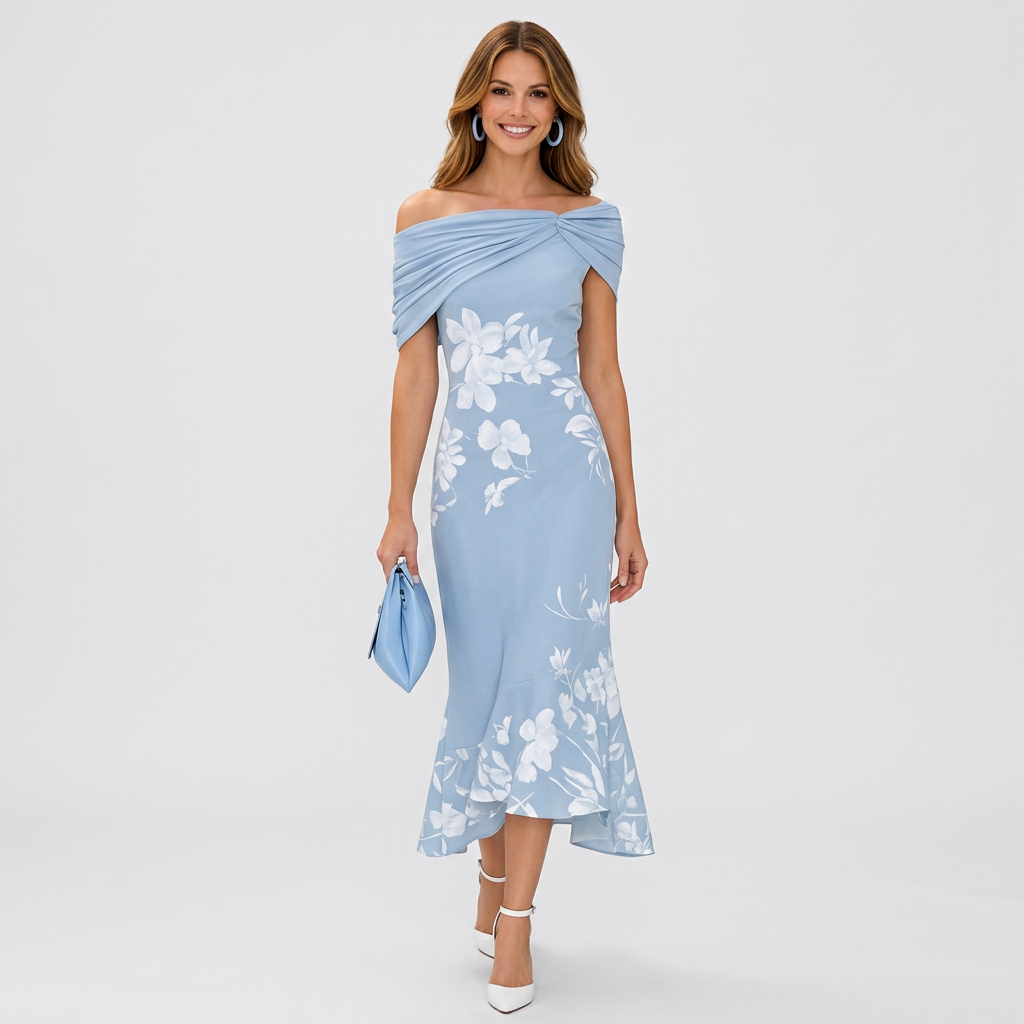 Women’s Off Shoulder Floral Midi Dress – Elegant Occasion Dress