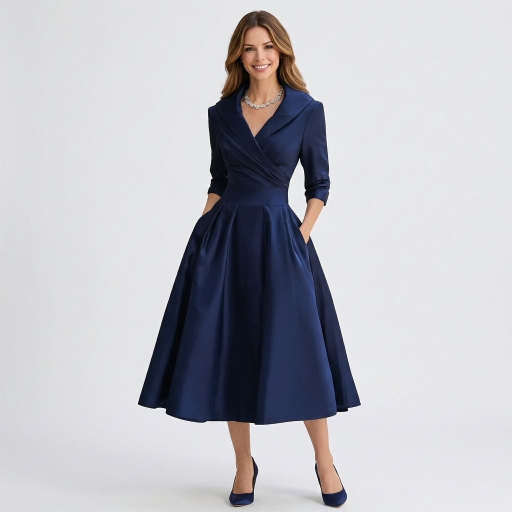 Women’s Wrap Midi Dress Collared Neck – Elegant Occasion Dress