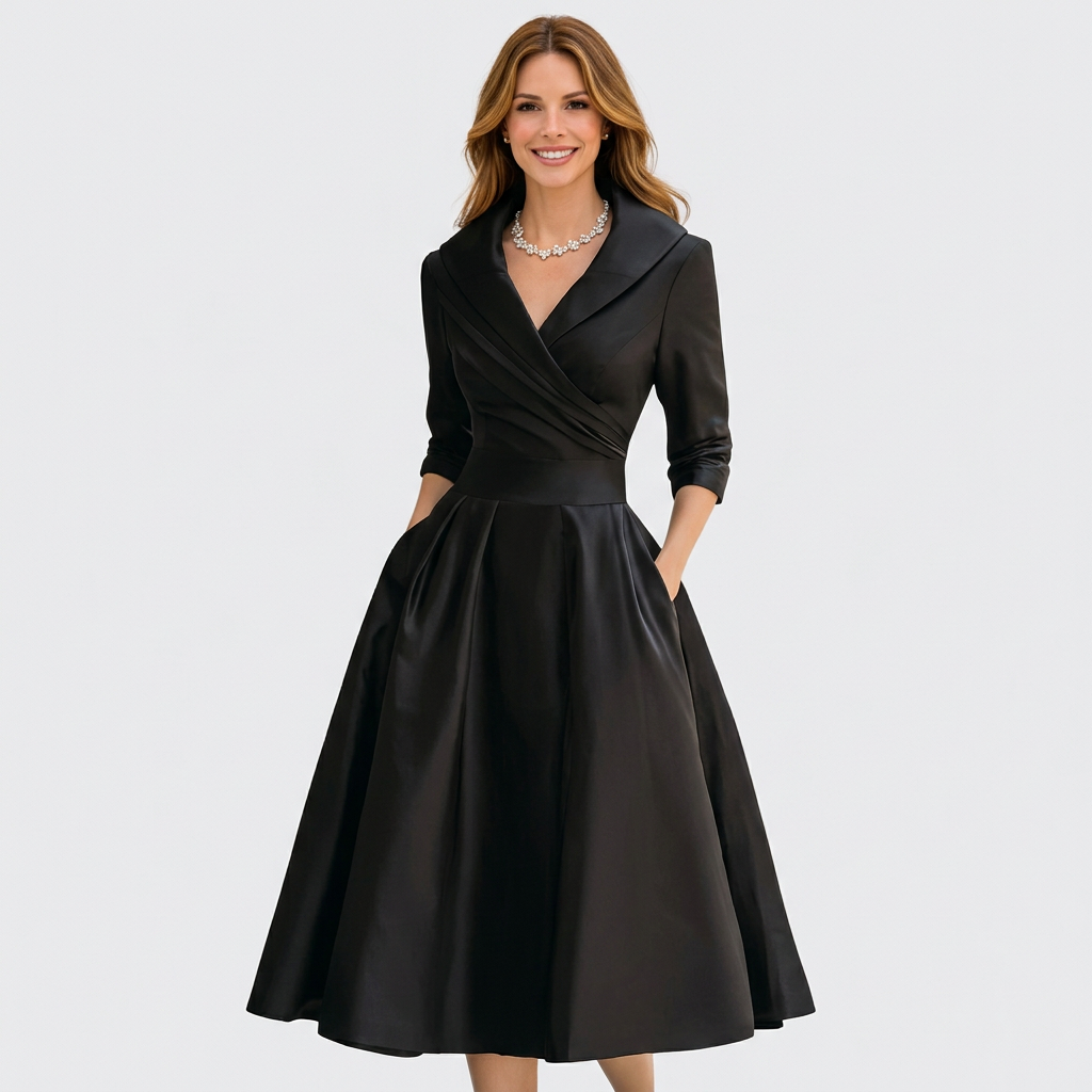 Women’s Wrap Midi Dress Collared Neck – Elegant Occasion Dress