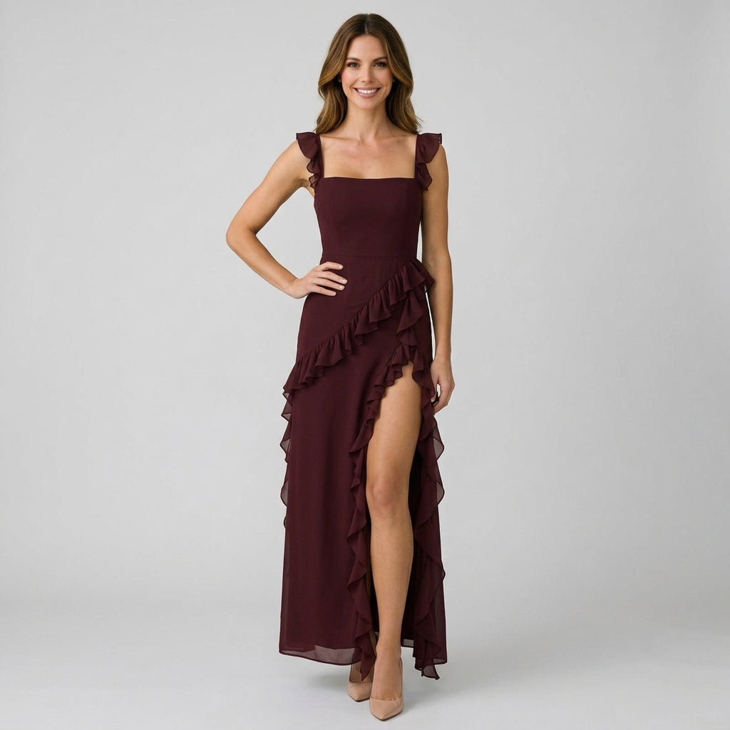 Women’s Ruffle Maxi Dress High Slit – Sleeveless Occasion Dress