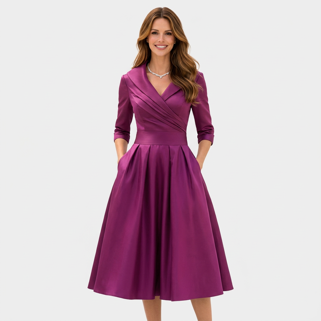 Women’s Wrap Midi Dress Collared Neck – Elegant Occasion Dress