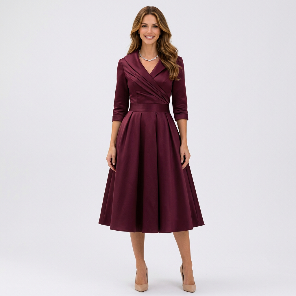 Women’s Wrap Midi Dress Collared Neck – Elegant Occasion Dress