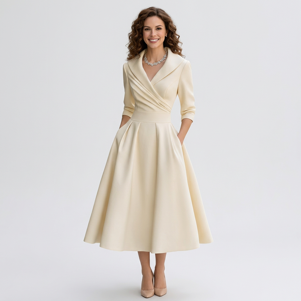 Women’s Wrap Midi Dress Collared Neck – Elegant Occasion Dress