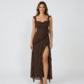 Women’s Ruffle Maxi Dress High Slit – Sleeveless Occasion Dress