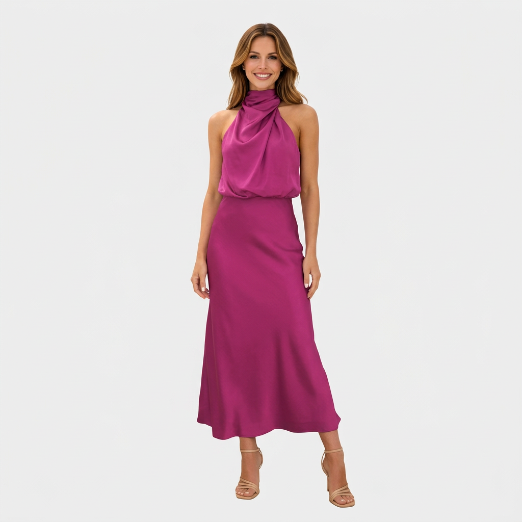 Women’s Satin Halter Midi Dress Draped Neck – Elegant Occasion Dress