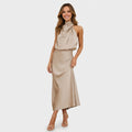 Women’s Satin Halter Midi Dress Draped Neck – Elegant Occasion Dress