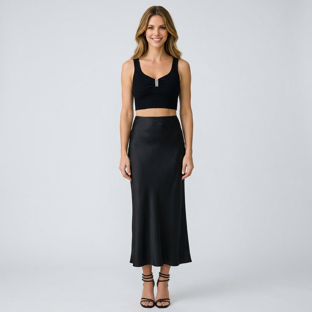 Women’s Satin Midi Skirt High Waist – Elegant Slip Skirt