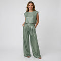 Women’s Two Piece Pants Set Cropped Top – Wide Leg Matching Outfit
