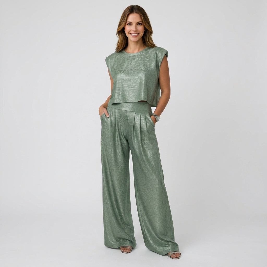 Women’s Two Piece Pants Set Cropped Top – Wide Leg Matching Outfit