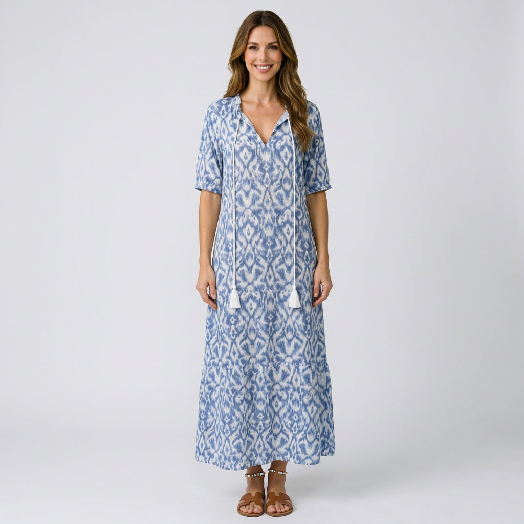 Women’s Floral Maxi Dress V Neck – Three Quarter Sleeve Casual Dress
