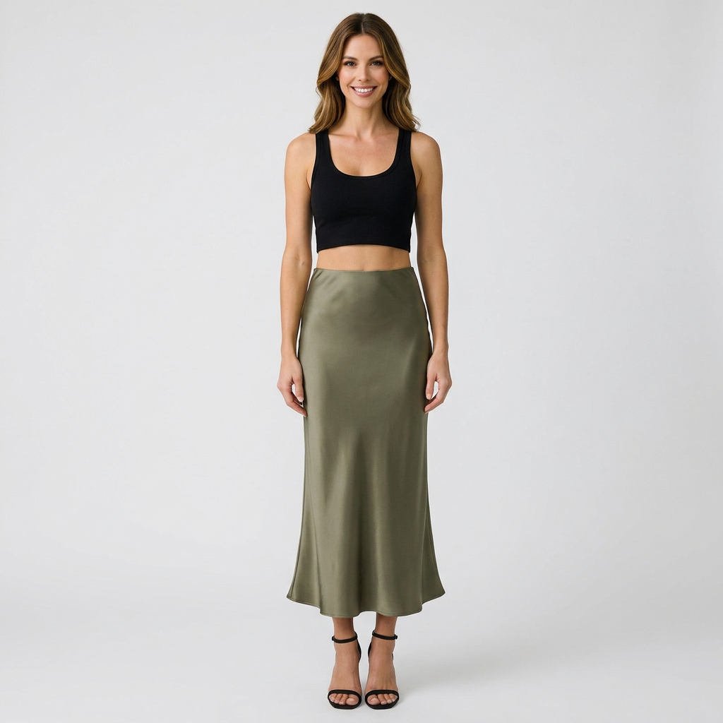 Women’s Satin Midi Skirt High Waist – Elegant Slip Skirt