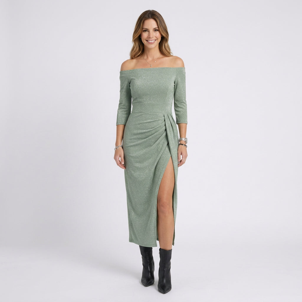 Women’s Off Shoulder Midi Dress Glitter Finish – High Split Occasion Dress