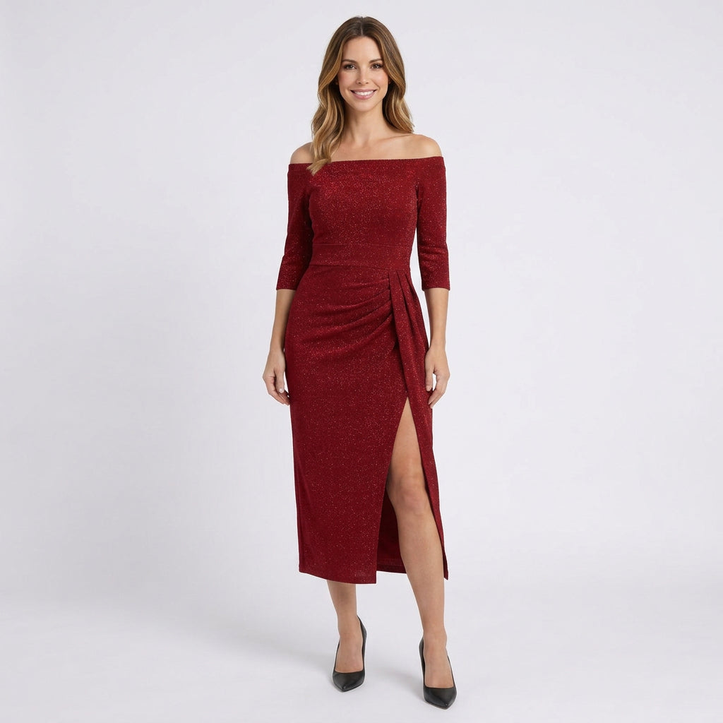 Women’s Off Shoulder Midi Dress Glitter Finish – High Split Occasion Dress