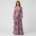 Women’s Floral Maxi Dress V-Neck Long Sleeve – Flowing Elegant Dress
