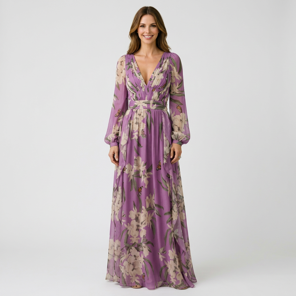 Women’s Floral Maxi Dress V-Neck Long Sleeve – Flowing Elegant Dress