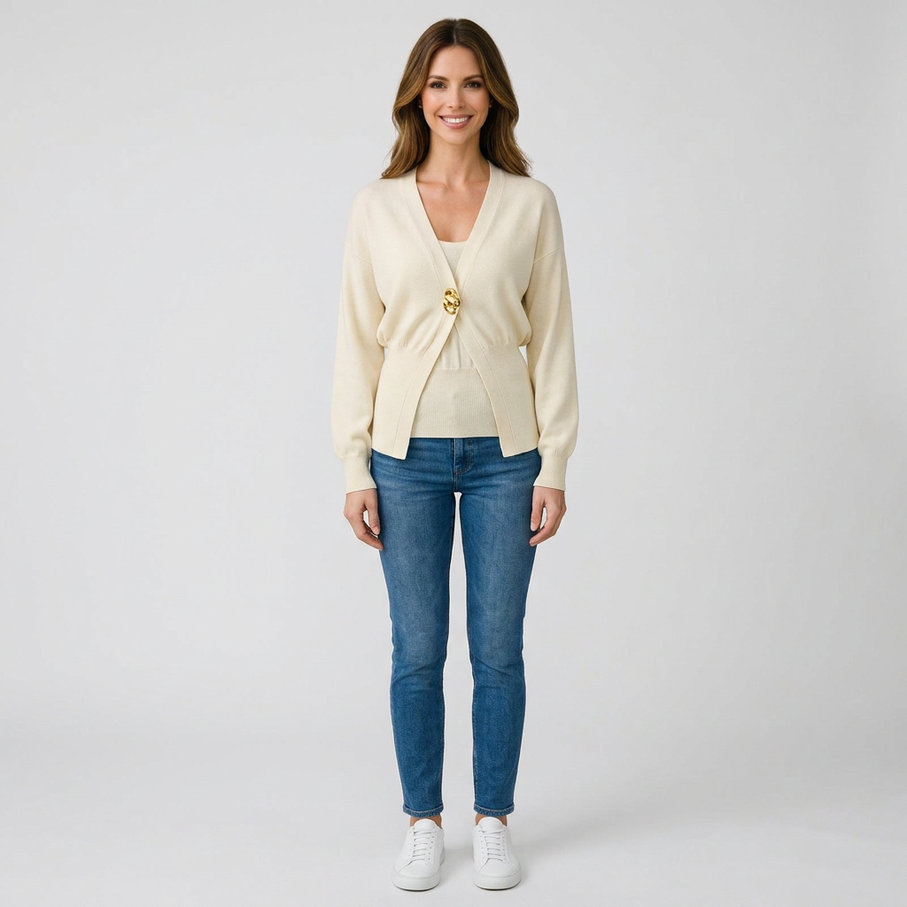 Women’s V Neck Knit Cardigan Statement Clasp – Long Sleeve Elegant Top