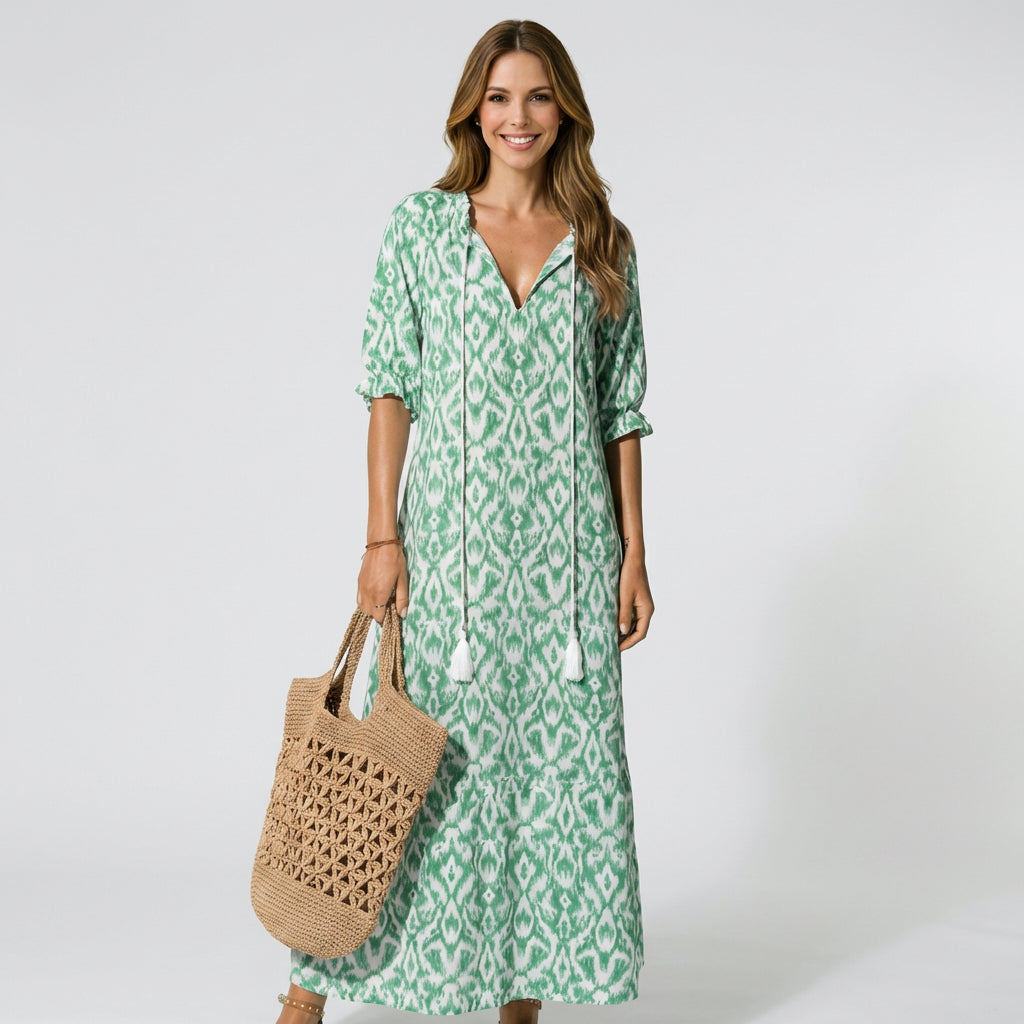 Women’s Floral Maxi Dress V Neck – Three Quarter Sleeve Casual Dress