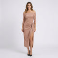 Women’s Off Shoulder Midi Dress Glitter Finish – High Split Occasion Dress