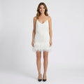 Women’s Fringe Mini Dress Spaghetti Strap – Feather Hem Party Dress