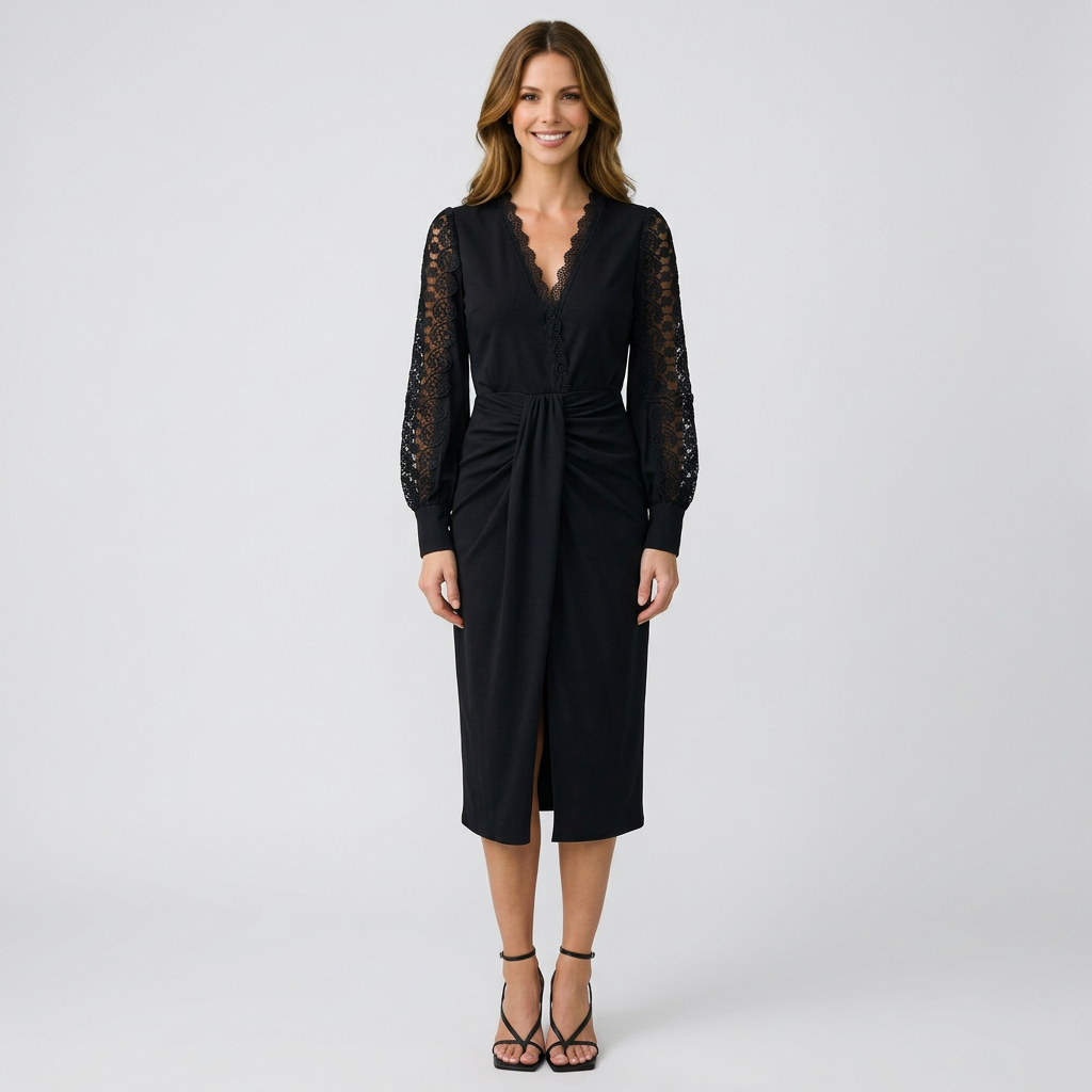Women’s Lace Sleeve Midi Dress V Neck – Elegant Occasion Dress