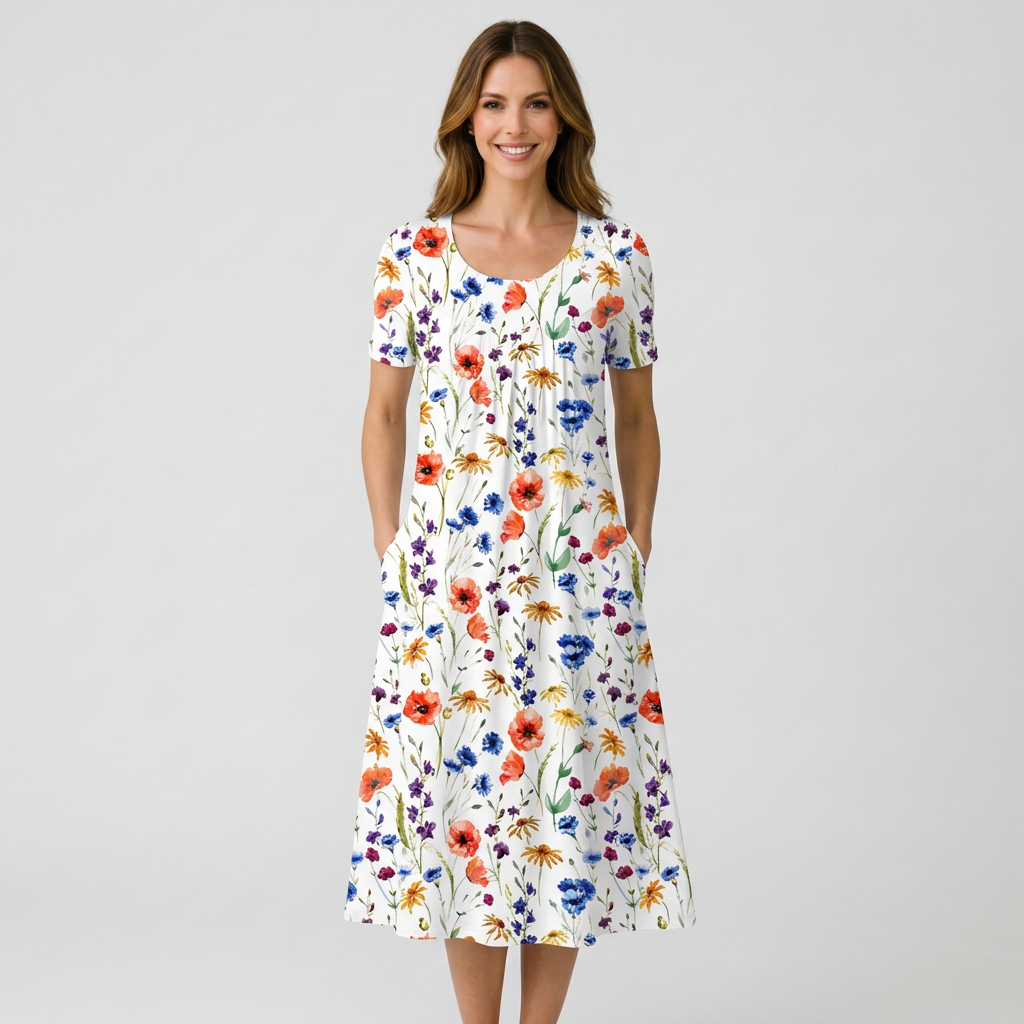 Women’s Floral Midi Dress Short Sleeve – Printed Everyday Dress