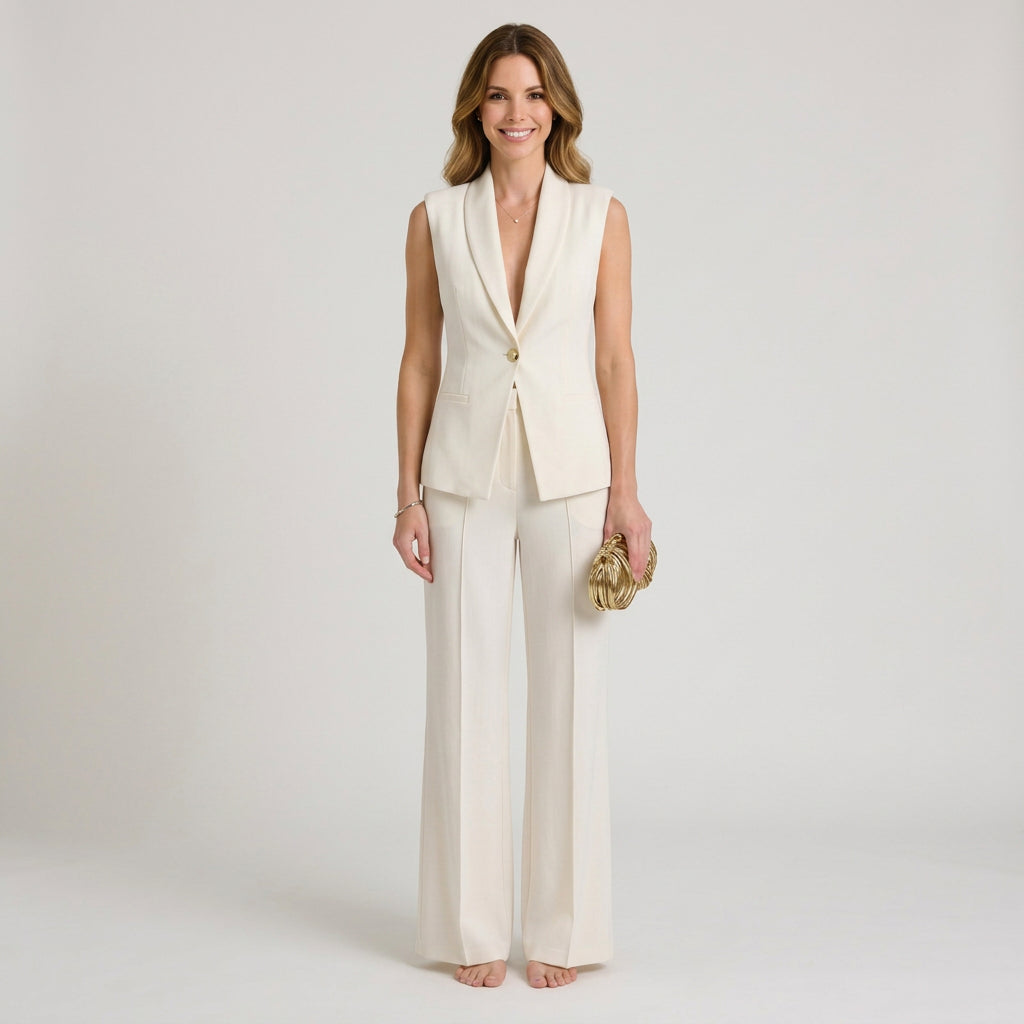 Women’s Two Piece Pants Set Sleeveless Blazer – Tailored Wide Leg Outfit