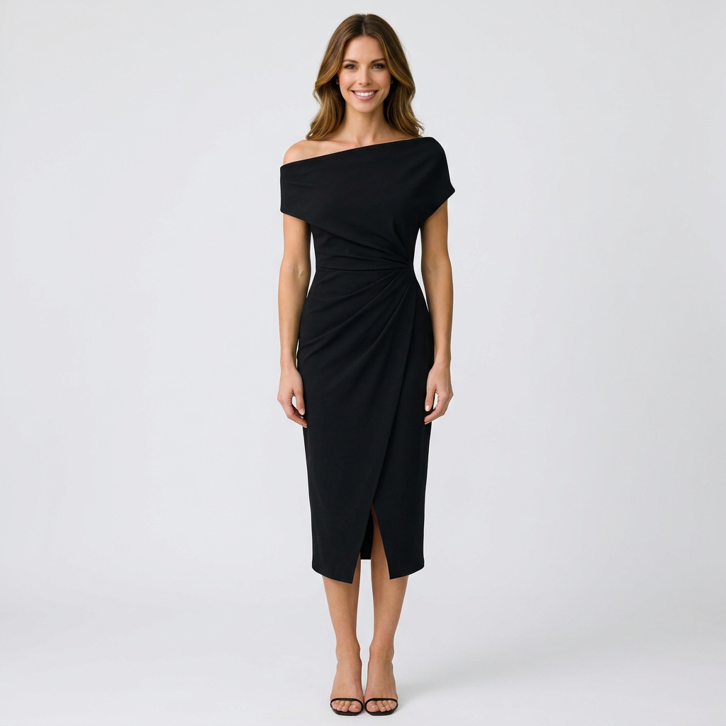 Women’s Off Shoulder Midi Dress Ruched Detail – Elegant Fitted Dress