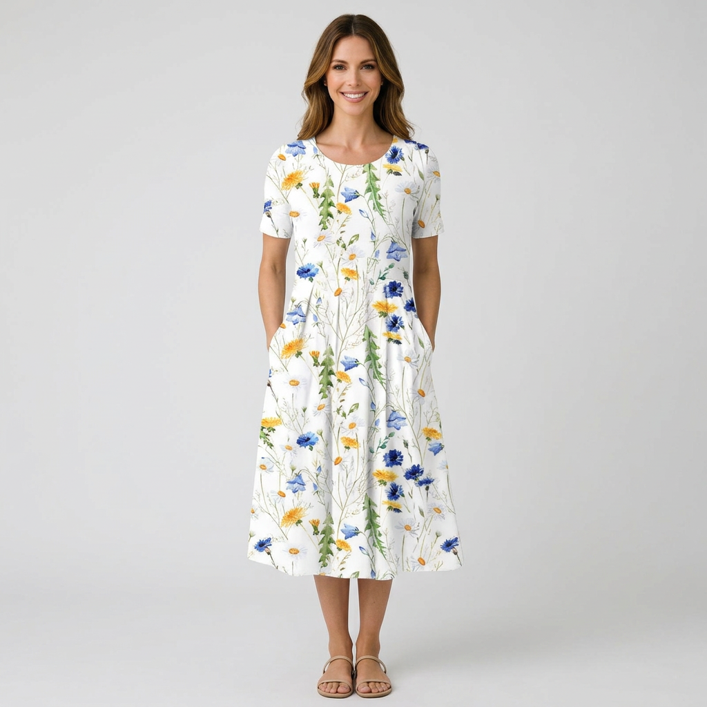 Women’s Floral Midi Dress Short Sleeve – Printed Everyday Dress